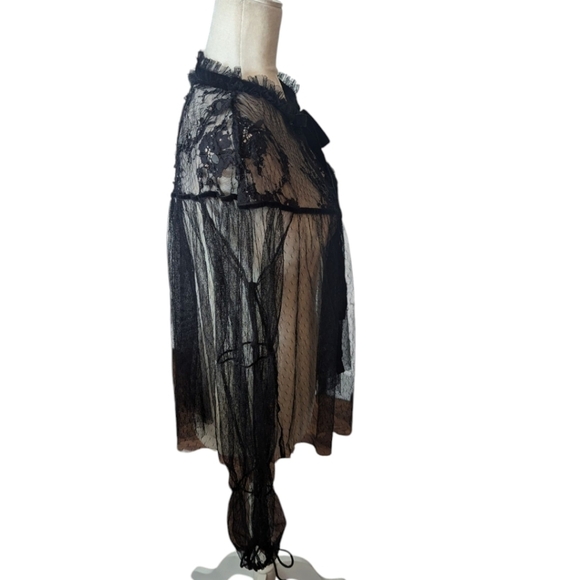 Embroidered sheer Tulle Top Witchy Whimsigoth velvet Bow Black Size L - Picture 9 of 16
